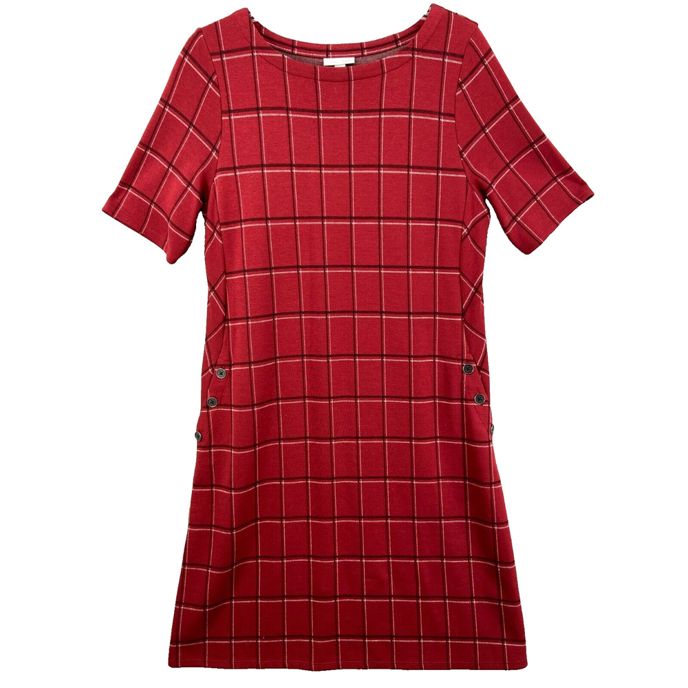 J. Jill Dress Womens Sz M Red White Plaid Shift Pointe Short Sleeve Minimalist
